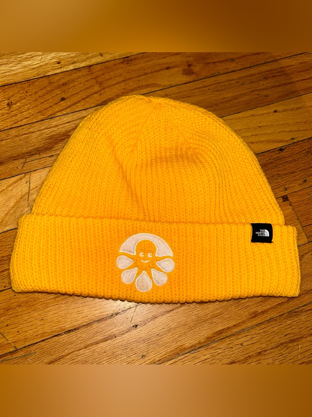 The North Face Bright Yellow w White Octopus Winter Beanie Hat OS Ribbed Knit
